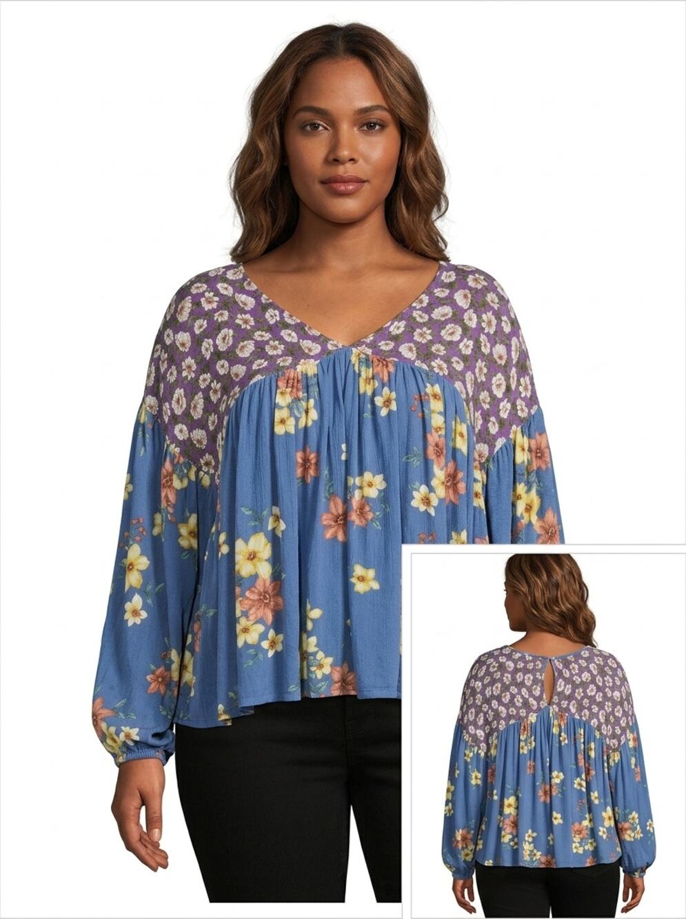 Ces Femme 1Y3658C Print Balloon Sleeve Boho Blouse Women See Measurements